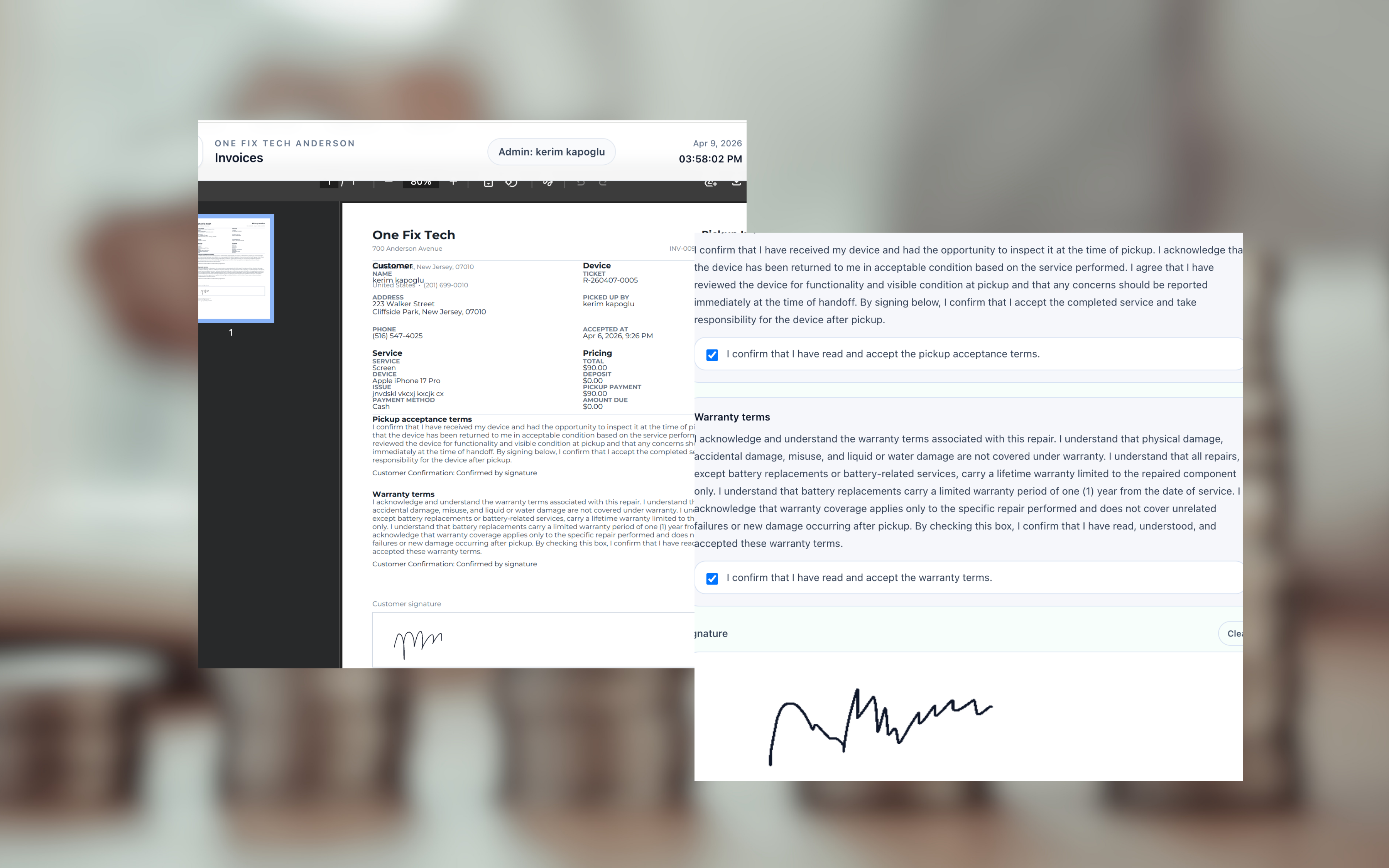 Verified pickup invoice preview